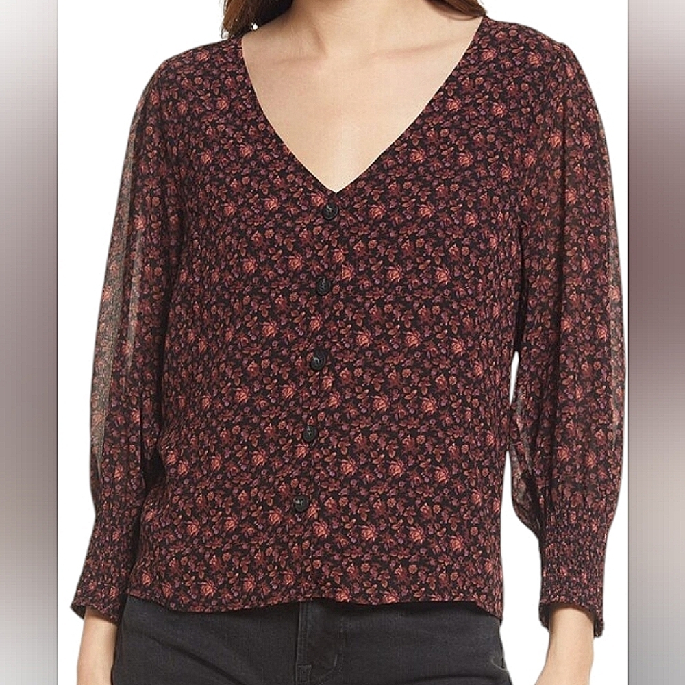 MADEWELL Orchard Floral Smocked Cuff Button-Up Top, size 00, purple/orange